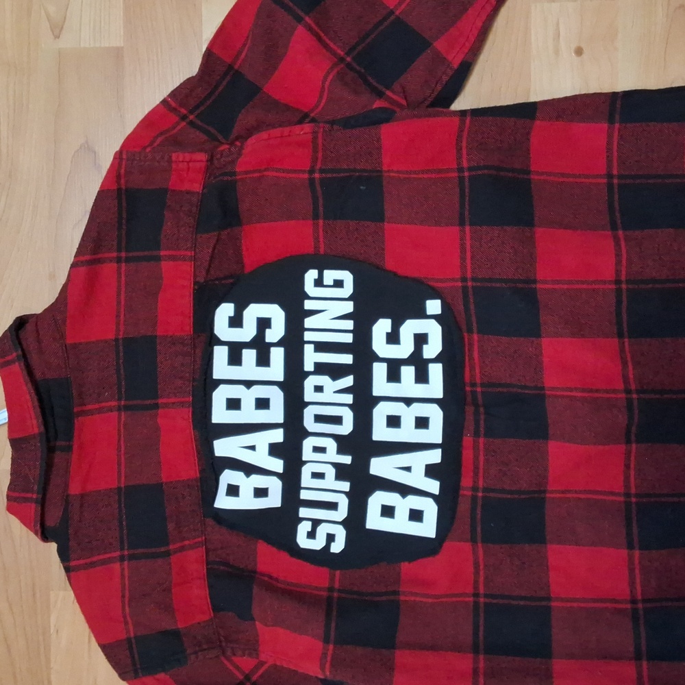 Red Plaid Long Sleeve Flannel Top with 'Babes Supporting Babes' Patch